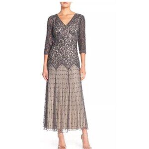 Pisarro Nights Beaded Illusion Evening Gown, Charcoal Gray, Womens Size 10